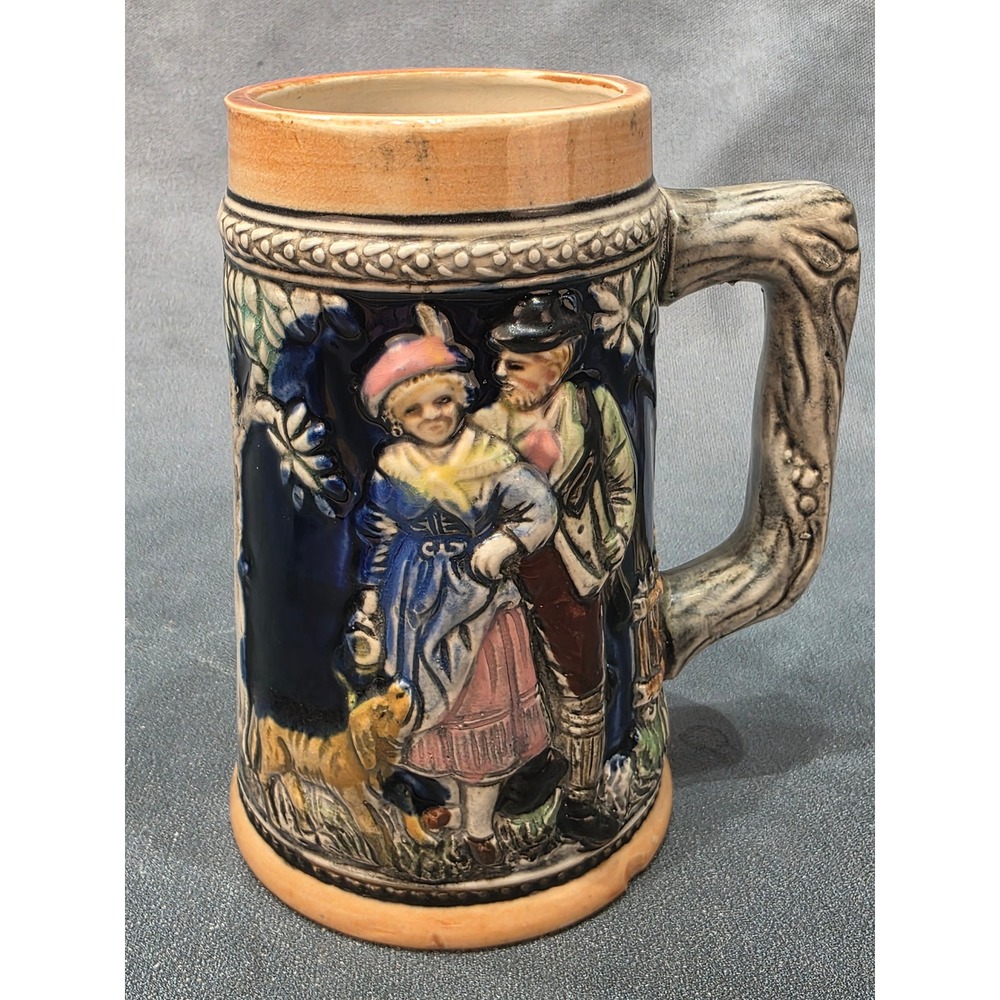 Vintage Japanese Ceramic Beer Stein 3D Relief Couple Castle Scene Mug Japan